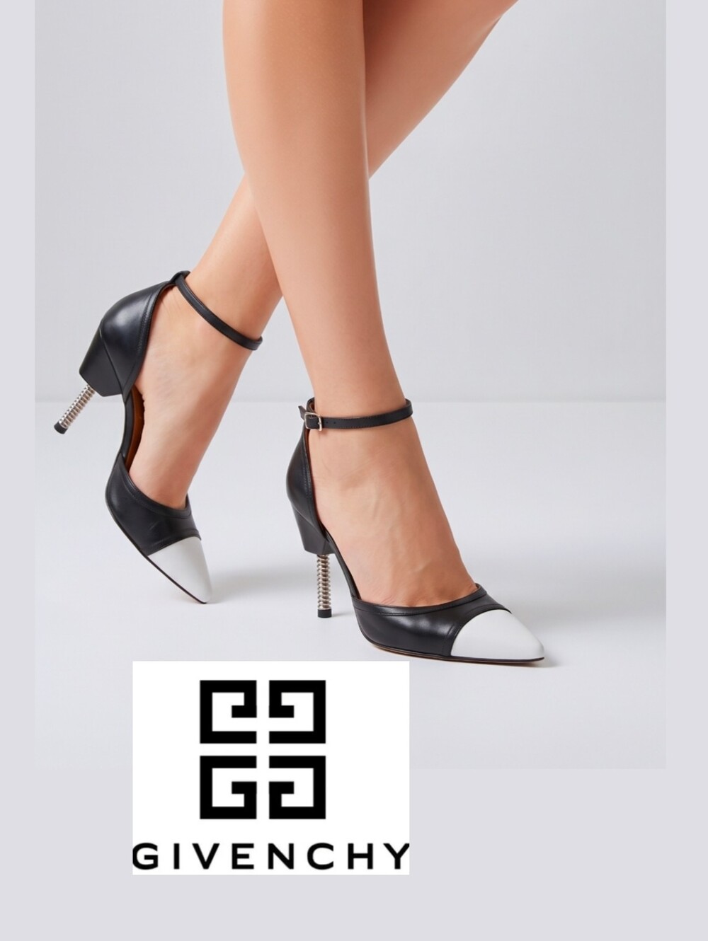 Givenchy High Heels Size 38 Black and White Leather Ankle Strap